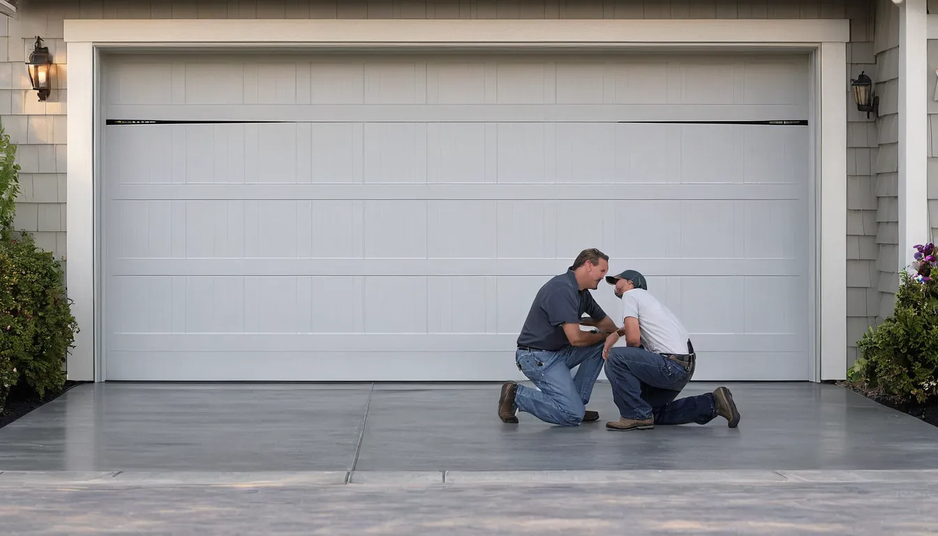 A local garage door provider checking track alignment on a home garage door in Cuyahoga Falls