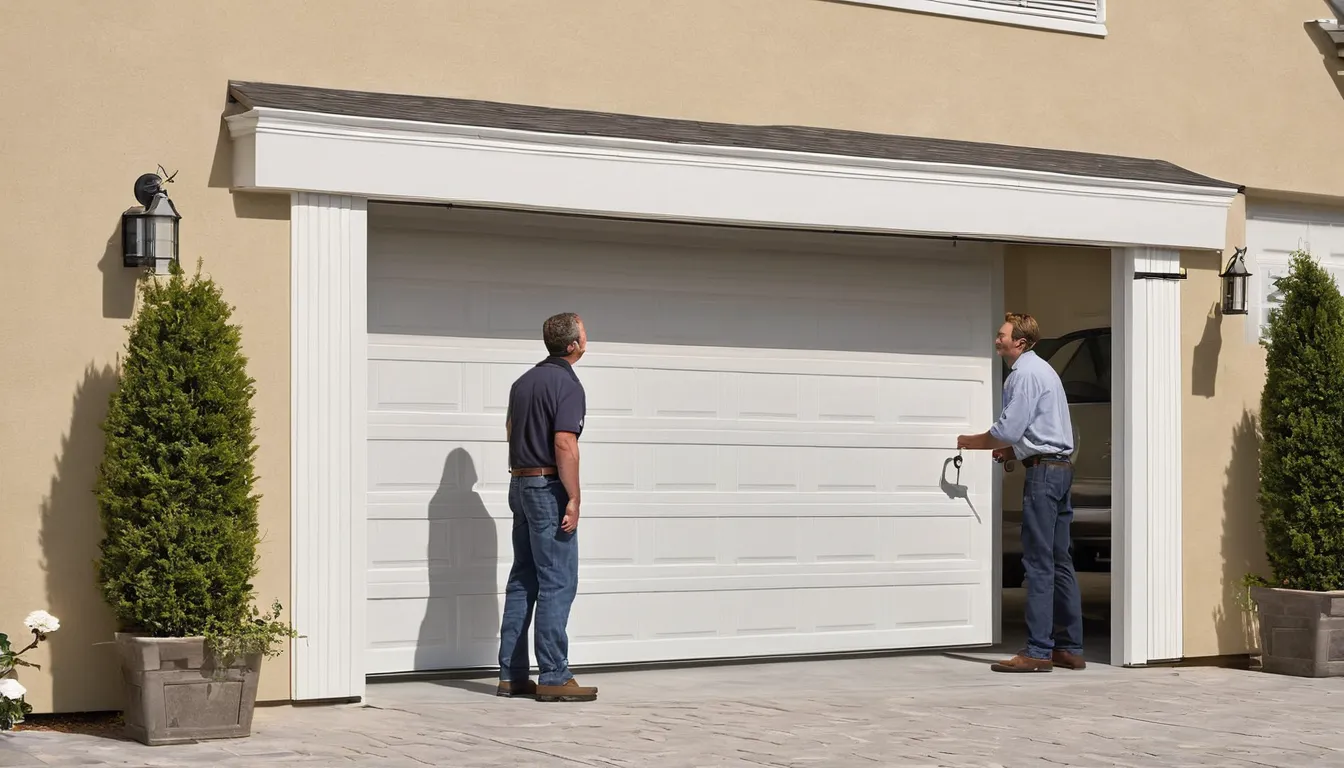 A friendly garage door provider checking a torsion spring above a residential garage door in Cuyahoga Falls